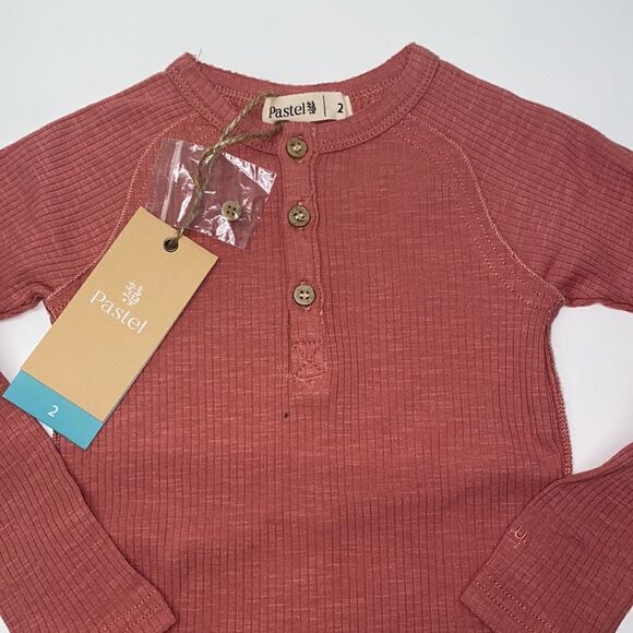 Pastel long sleeve ribbed raglan Tee with Henley color Dusty Rose New unisex - Picture 3 of 6